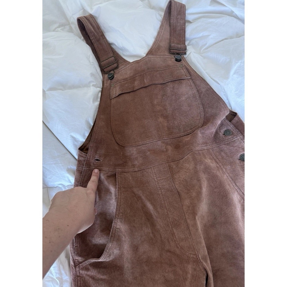 Vintage Brown‎ Suede Leather Carpenter Overalls Womens XS Y2K Baggy Western Boho